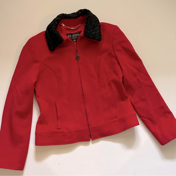 St. John Coat Collection by Marie Gray Red Fitted Coat Black Faux Fur Collar 6